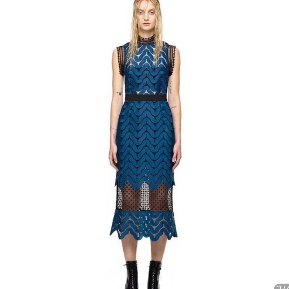 HQMM Blue and Black Scallop Cutout Midi Dress